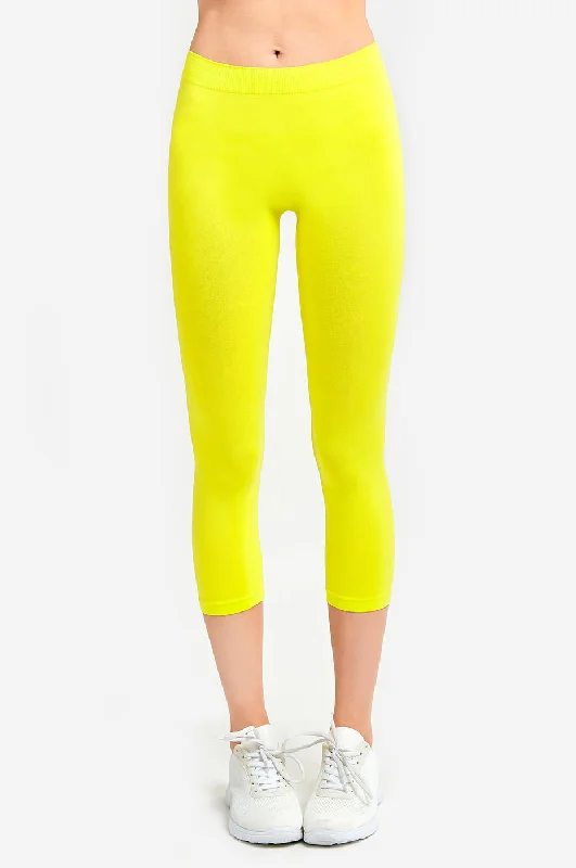 MOPAS Soft Stretch Nylon Blend Unlined Capri Length Leggings with Ribbed Elastic Waistband - Yellow (EX004_YEL)